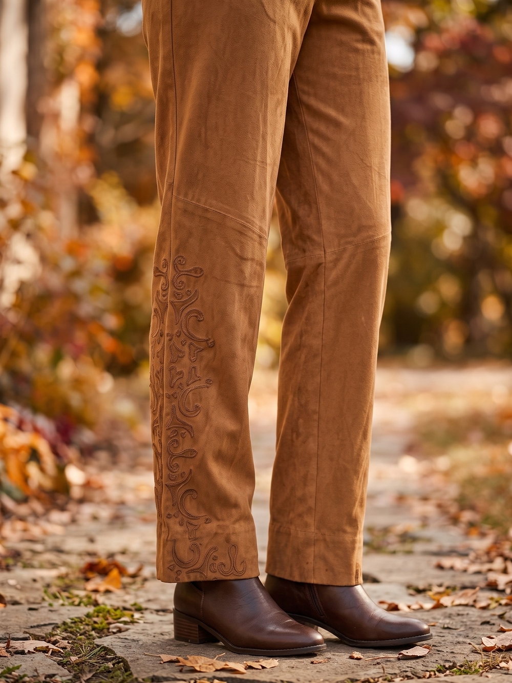 Vintage Faux Suede Embroidered Pants Boho Rodeo Core Tan Trousers Fall